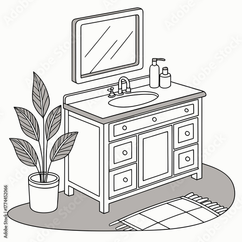 Clean line art illustration of a modern bathroom vanity with sink mirror and potted plant