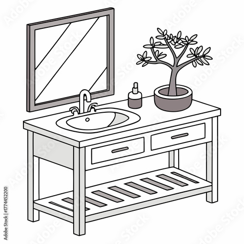 Clean isometric illustration of a modern bathroom vanity with sink mirror plant and soap dispenser