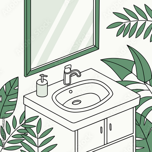 Modern bathroom vanity with sink faucet and soap dispenser surrounded by lush green tropical leaves