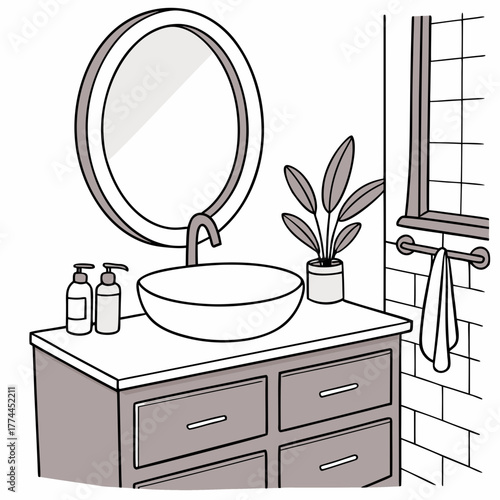 Modern bathroom vanity with a vessel sink round mirror and a potted plant illustration