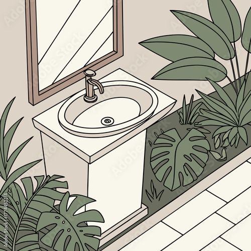 Modern bathroom sink with a mirror and lush green tropical plants in a clean isometric illustration