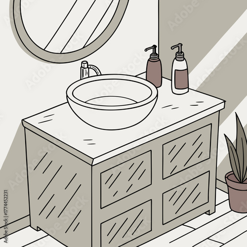 Modern bathroom vanity with vessel sink soap dispensers and a potted plant in a clean minimalist style