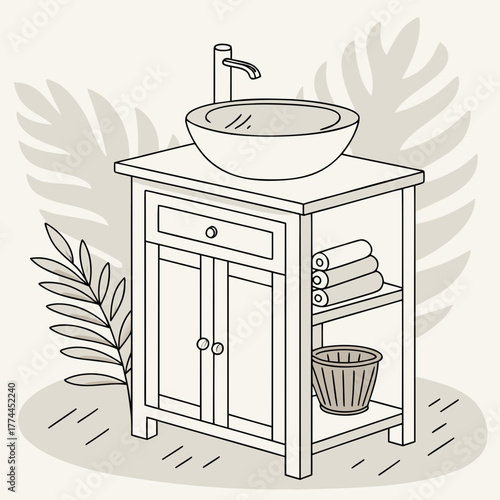 Modern bathroom vanity with vessel sink and tropical leaf accents in minimalist line art style