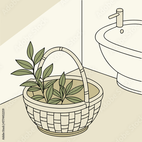 Simple illustration of a woven basket filled with green leafy branches next to a bidet