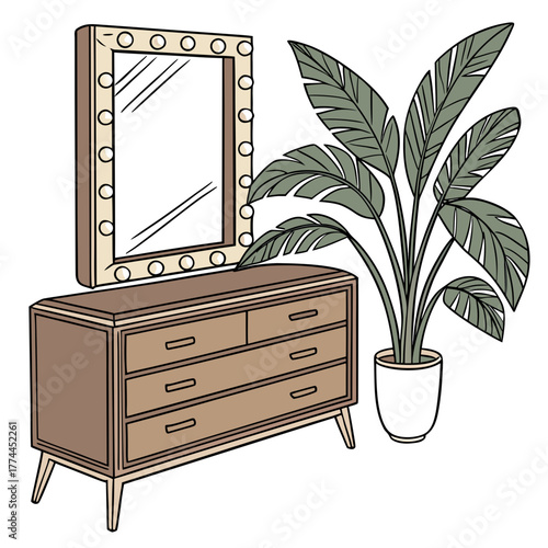 A stylish dresser with a lighted vanity mirror and a lush green potted plant in a modern room setting
