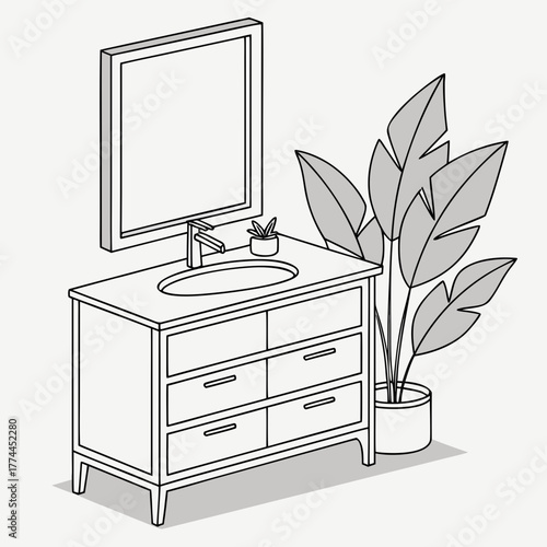 Modern bathroom vanity with sink mirror and potted plant in a clean isometric line drawing style