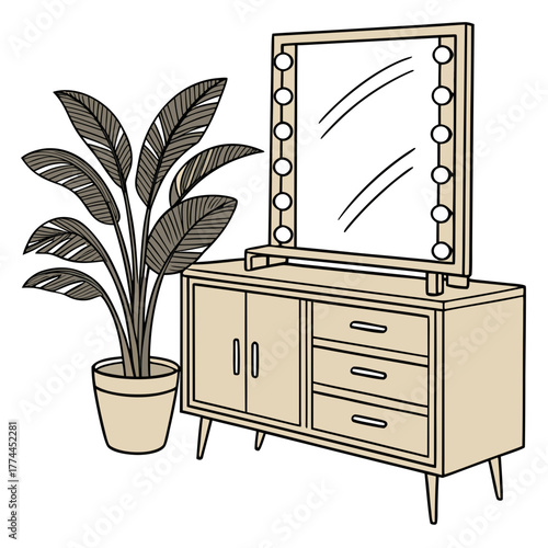 Stylish vanity dresser with a lighted mirror and a potted plant in a minimalist drawing style