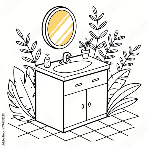 Modern bathroom vanity with sink mirror and lush green plants creating a serene and stylish oasis