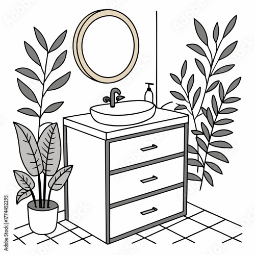 Modern bathroom vanity with sink mirror and potted plants creating a serene and stylish interior design