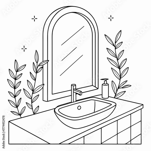 Modern bathroom vanity with arched mirror sink faucet and decorative plants in a clean line art style