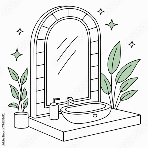 Modern bathroom vanity with arched mirror vessel sink soap dispenser and potted plants