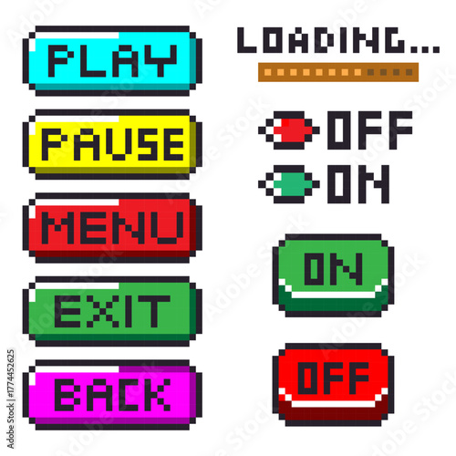 Set of vector pixel illustration button icons