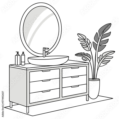 Modern bathroom vanity with oval sink round mirror soap dispensers and a potted plant