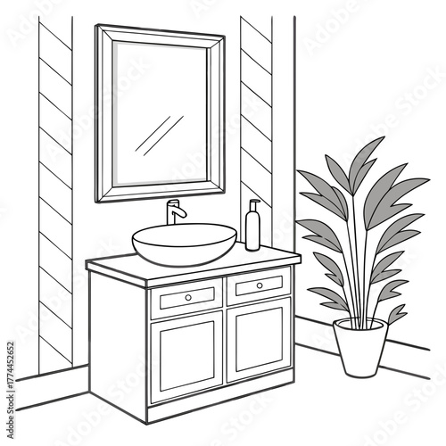 Modern bathroom vanity with vessel sink mirror faucet soap dispenser and potted plant