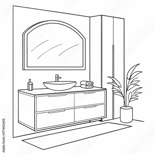 Modern bathroom vanity with vessel sink arched mirror stacked towels and potted plant illustration