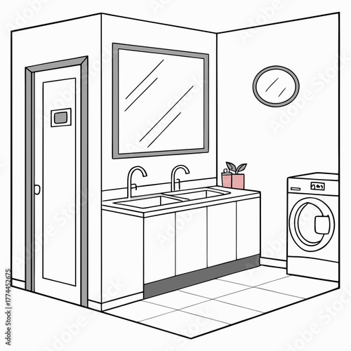 Modern bathroom interior with double sink vanity washing machine and door in a clean line art style