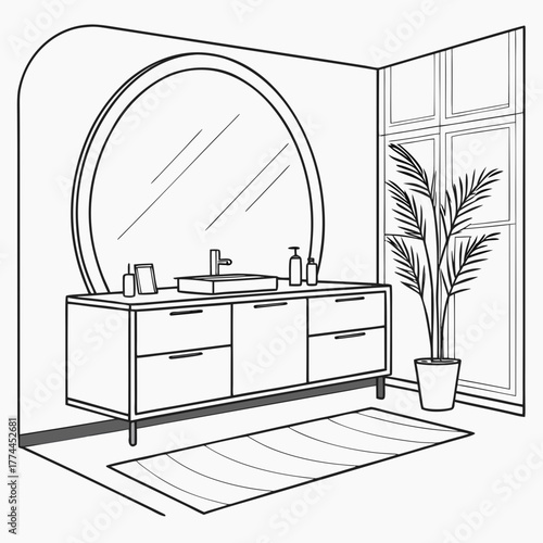 Modern bathroom interior line art with vanity sink large oval mirror and potted plant