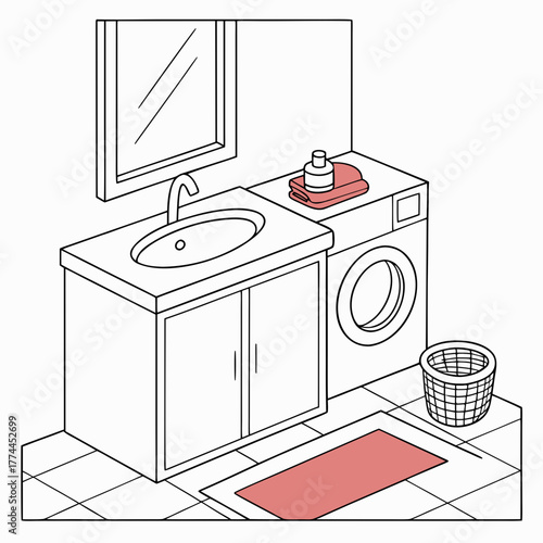 Isometric line drawing of a bathroom sink with cabinets washing machine mirror and laundry basket