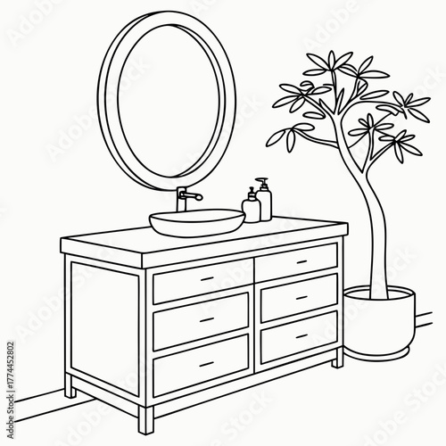 Clean line art illustration of a modern bathroom vanity with sink mirror and potted plant