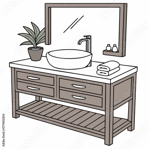 Modern bathroom vanity with vessel sink mirror towels plant and storage drawers