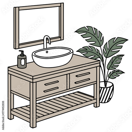 Modern bathroom vanity with vessel sink mirror soap dispenser and potted plant