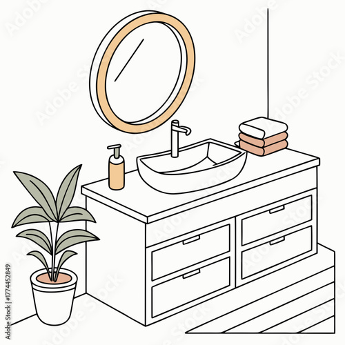 Modern bathroom vanity with vessel sink mirror soap dispenser plant and towels
