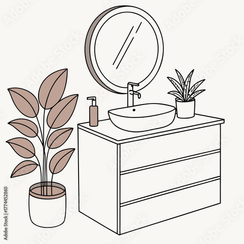 Modern bathroom vanity with vessel sink round mirror soap dispenser and two potted plants