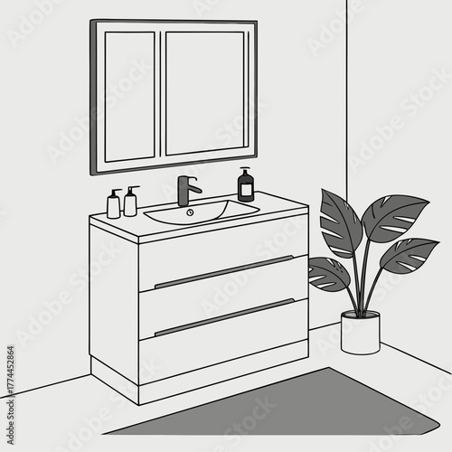 Modern minimalist bathroom vanity with sink mirror soap dispenser and potted plant