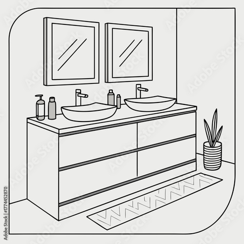 Modern bathroom vanity with double sinks mirrors and plant in a clean line art illustration