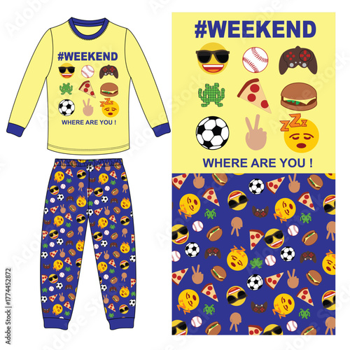 boys long t shirt with long pant weekend print vector art
