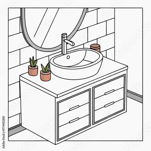Modern bathroom vanity with vessel sink oval mirror and potted plants on subway tile wall