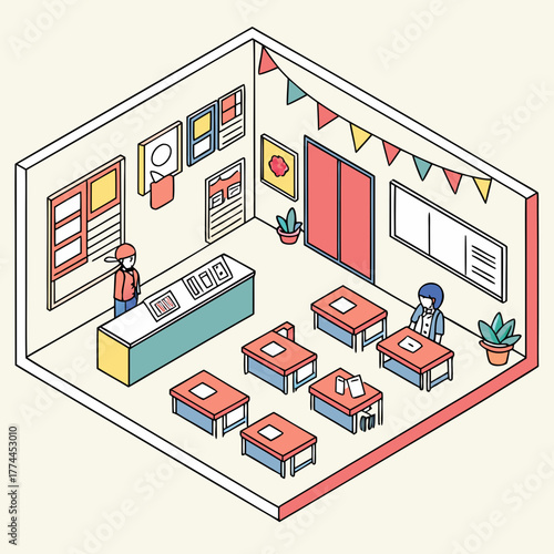 Isometric illustration of a colorful classroom with students and a teacher at a counter
