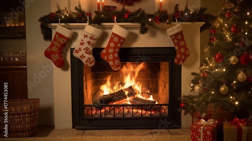 Cozy Christmas Fireplace Scene with Decorated Stockings and Tree