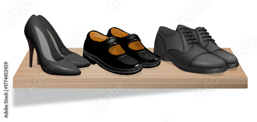 Three pairs of shoes. Different styles and colors. A clean visual contrast for fashion and retail themes.