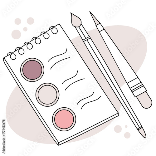 Artistic flat lay of a sketchbook with paint swatches a paintbrush and a pencil on a light background