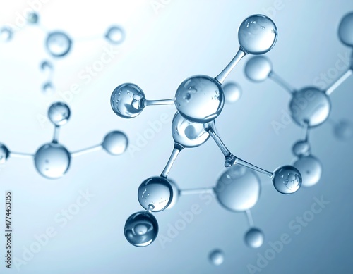 Abstract close-up of glass-like molecules connected by rods on a light blue gradient
