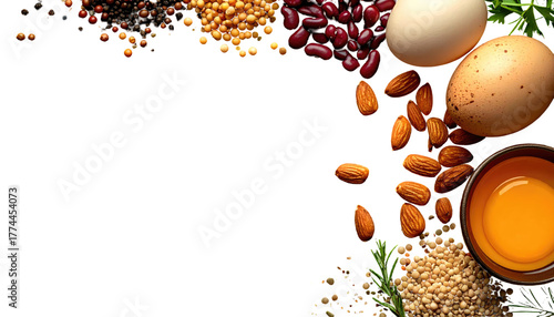 Assorted foods bordering a black background. Grains, nuts, beans and eggs create a natural frame on right and top