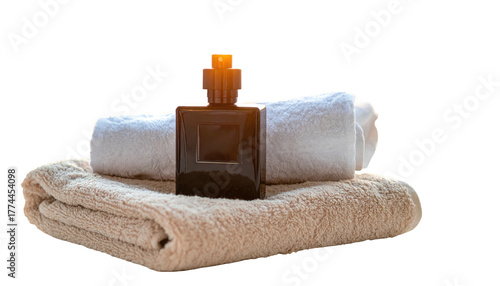 Perfume bottle rests on stacked towels against a stark black background, warm light highlights forms and textures