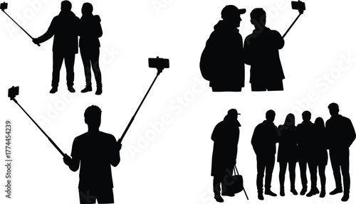 Silhouette people taking selfies with selfie stick, group friends posing, solo traveler photography, modern lifestyle technology, social media sharing, outdoor activity, tourist snapshot illustration