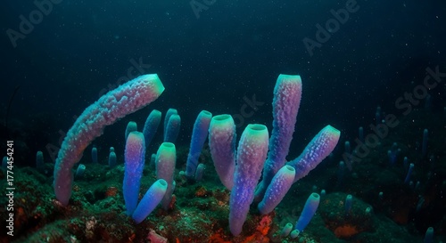 Fototapeta Naklejka Na Ścianę i Meble -  Underwater scene with vibrant purple tube sponges and coral reef.
