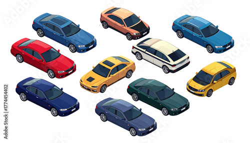 Collection of isometric cars in various colors, displayed on a solid black background