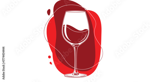 Elegant line art illustration of a red wine glass with liquid, set against abstract red and white organic shapes, conveying a sophisticated beverage theme.