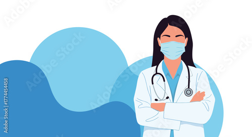 A professional female doctor wearing a face mask and stethoscope stands with her arms crossed, ready to provide medical care.