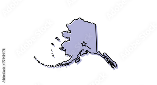 Stylized map of Alaska, United States, featuring a light purple silhouette with a prominent star indicating a major city or capital.
