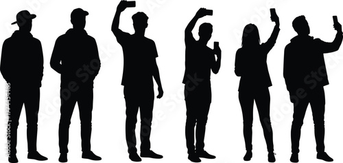 Silhouette, people, standing, row, group, smartphone, selfie, modern, lifestyle, urban, fashion, casual, diverse, youth, technology, communication, social, media, friends, posing