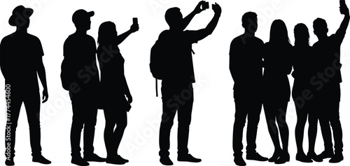 Silhouette people taking selfies, friends posing with smartphones, modern lifestyle technology, social media culture, group interaction, urban youth photography, digital connection,