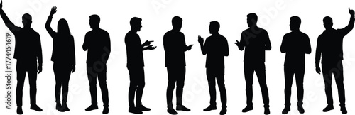Silhouette people standing, human figures posing, group body language gestures, diverse communication postures, teamwork concept illustration, crowd outline design, business presentation