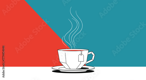 A geometric illustration of a steaming cup of hot tea with a tea bag, set against a vibrant two-tone background of red and teal.