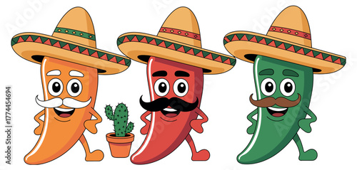 A vibrant trio of cartoon chili peppers, each sporting a festive sombrero and a stylish mustache, radiating fun and a hint of spice, perfect for any playful design or culinary theme