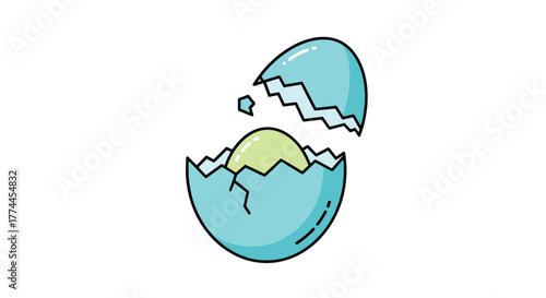 A light blue eggshell is cracked open, revealing a vibrant light green egg nestled inside, with a small piece of shell detached.